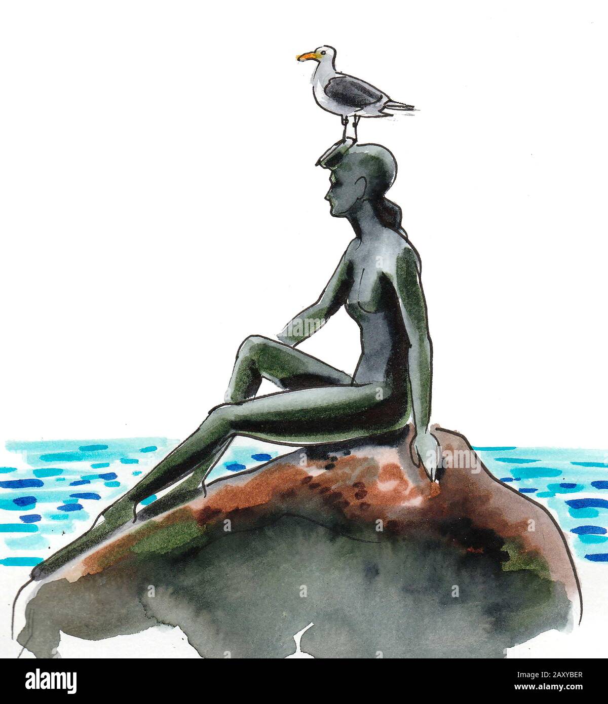 Statue de la fille avec un mouette assis sur la tête. Monument Au Parc Stanley À Vancouver, Colombie-Britannique, Canada. Esquisse en aquarelle Banque D'Images