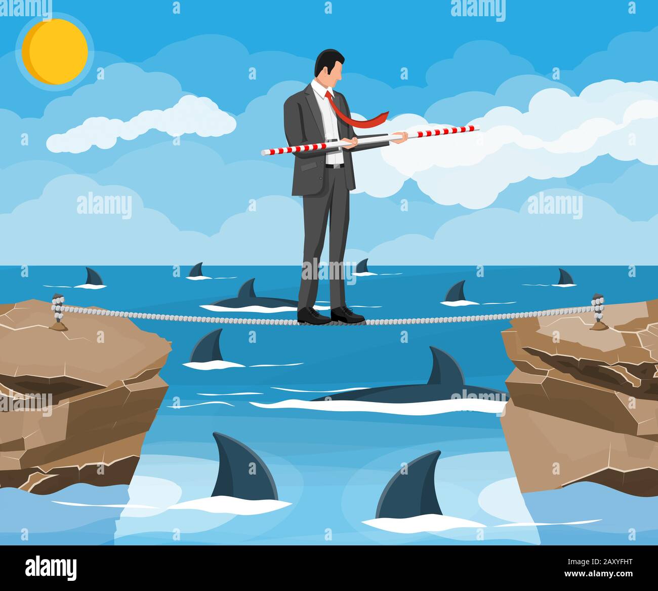 Homme d'affaires marchant une corde raide sur le requin en mer Illustration de Vecteur