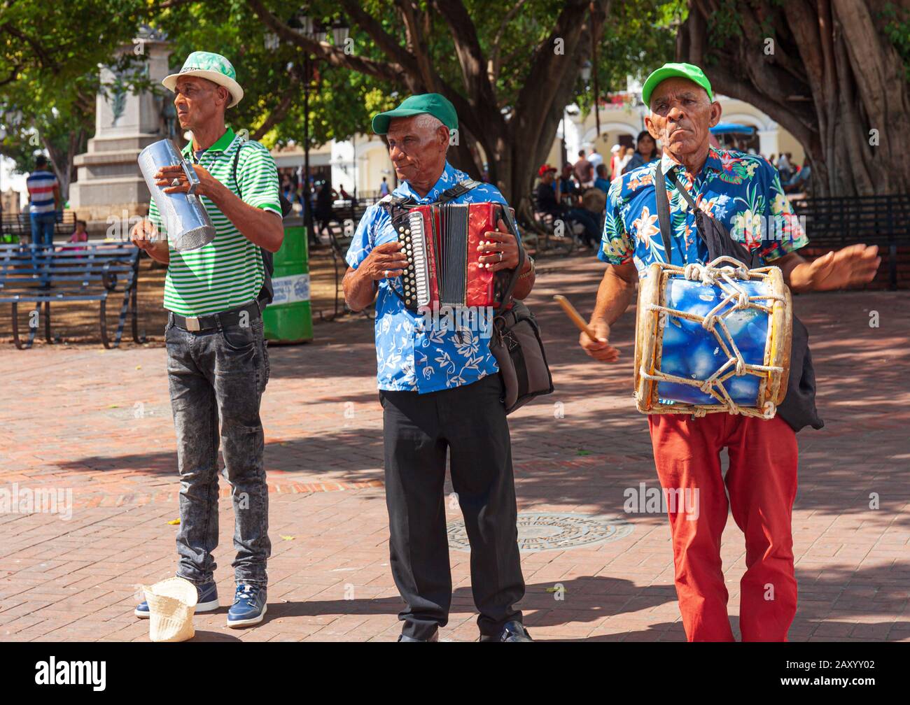 Musiciens, Santo Domingo, Zona Colonial, République Dominicaine. Banque D'Images