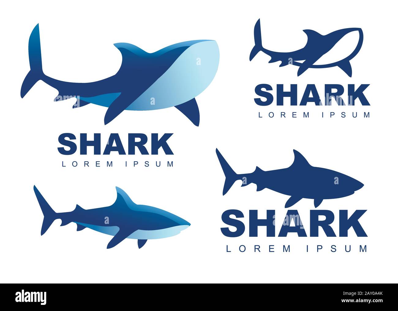 Ensemble de quatre logos de requin avec titre et sans illustration vectorielle plate de requin bleu isolée sur fond blanc conception de logo créatif pour le site Web. Illustration de Vecteur