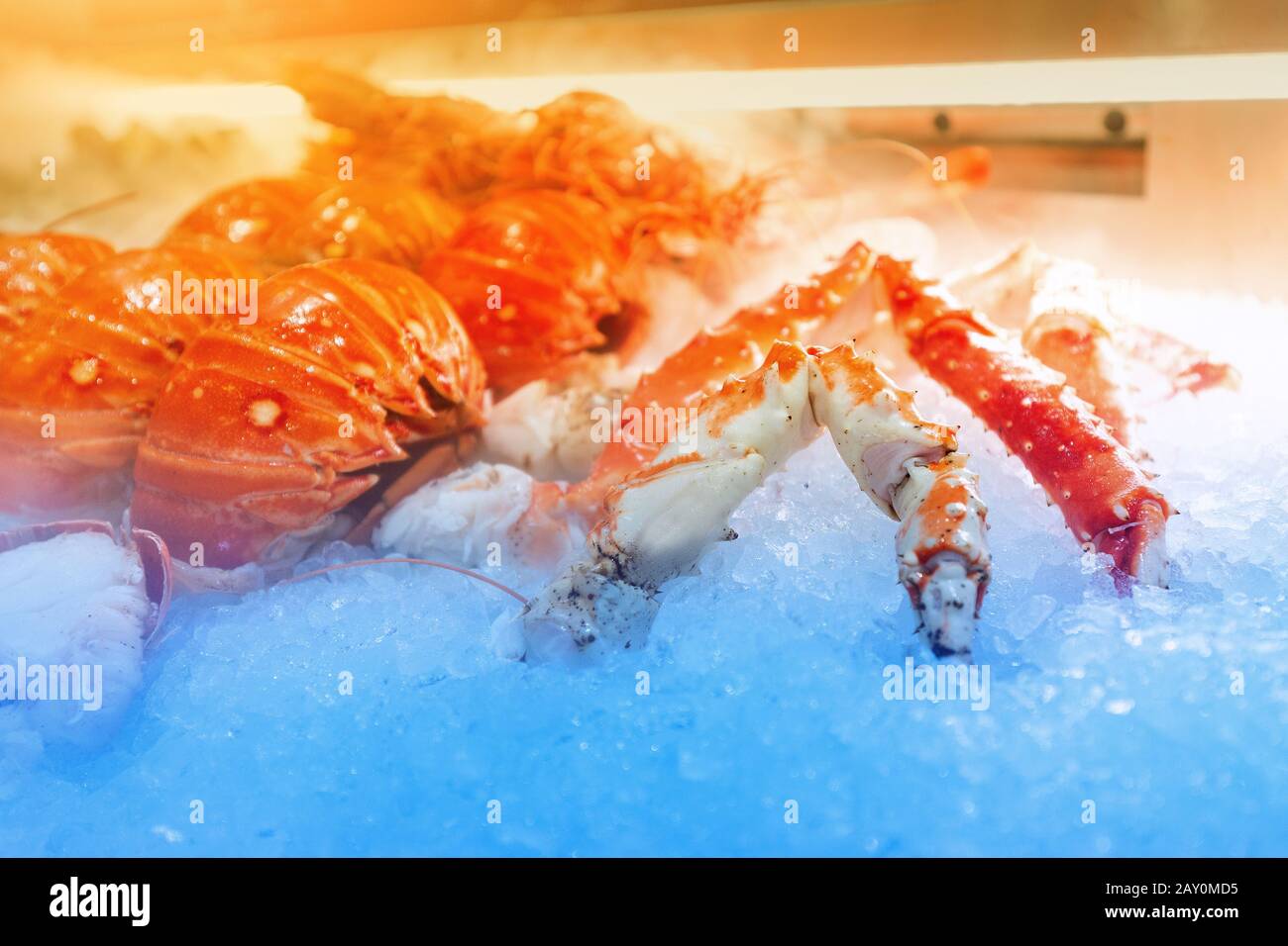 Crabe frais et autres fruits de mer sur glace Banque D'Images