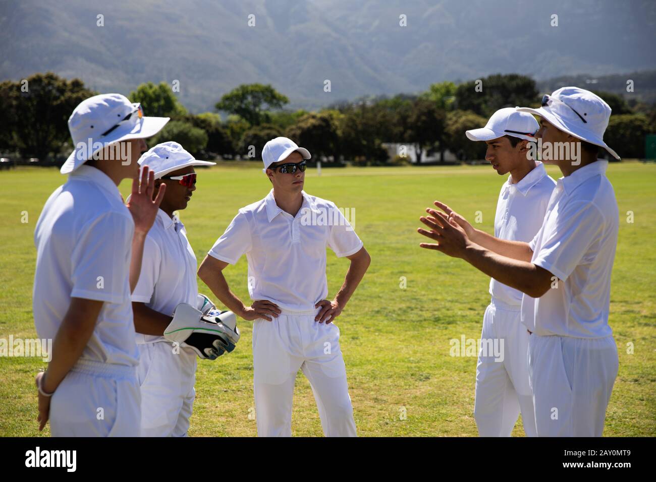 L'équipe de cricket discute sur un terrain Banque D'Images