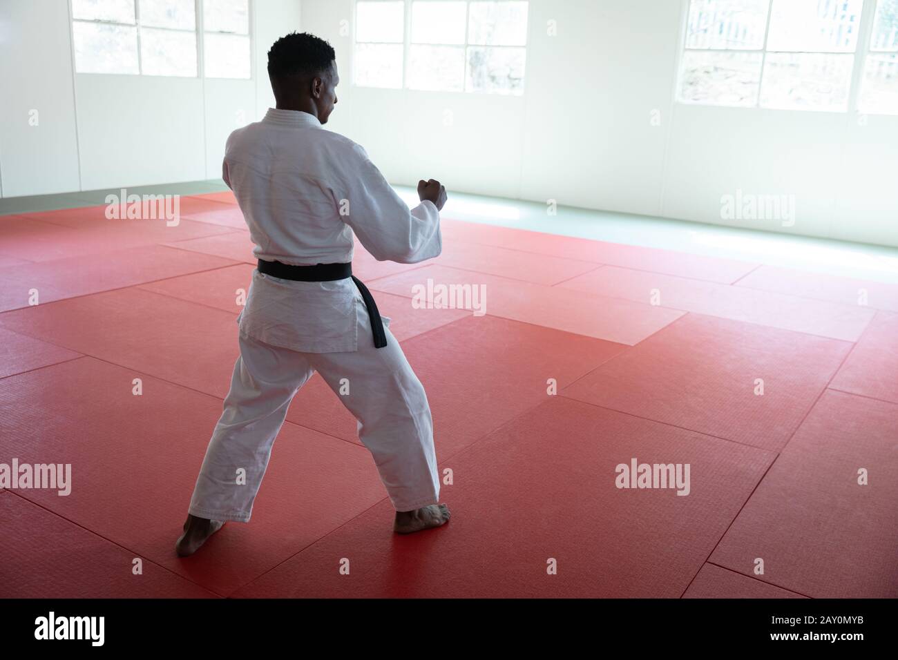 karateka frappant une pose dans une salle de sport Banque D'Images