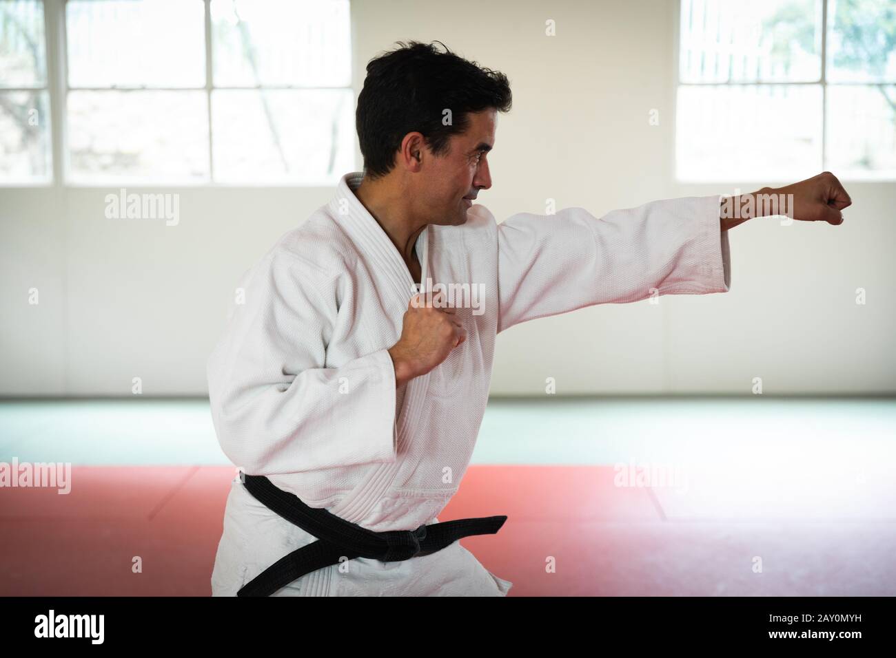 Judoka frappant une pose dans une salle de sport Banque D'Images