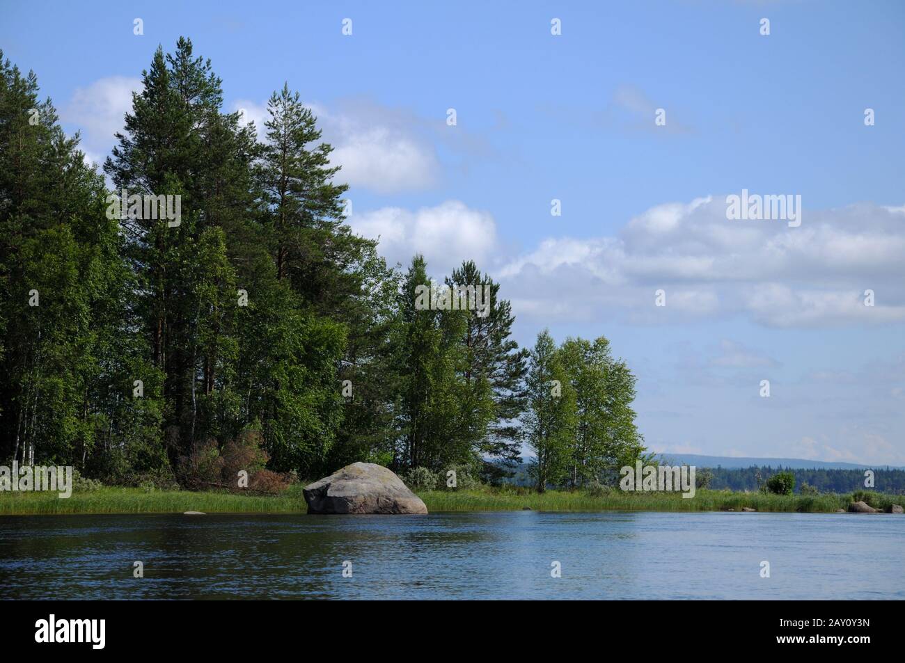 Belle forêt, lac et gros rochers Banque D'Images