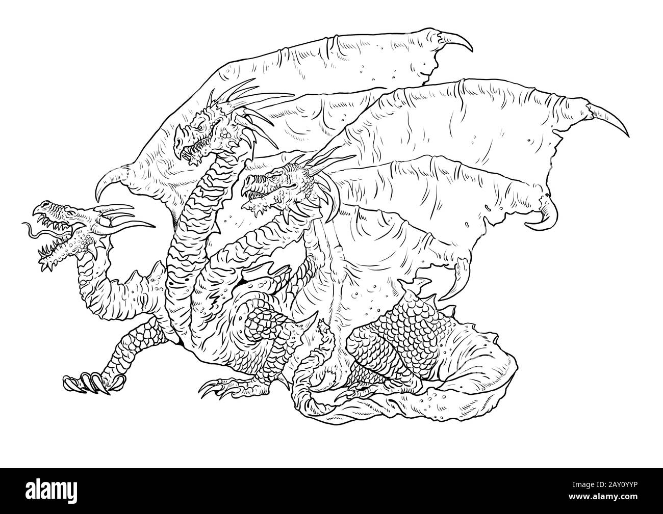 Page à trois couleurs de dragon à tête. Illustration du contour. Feuille de coloriage pour dessin Dragon. Banque D'Images