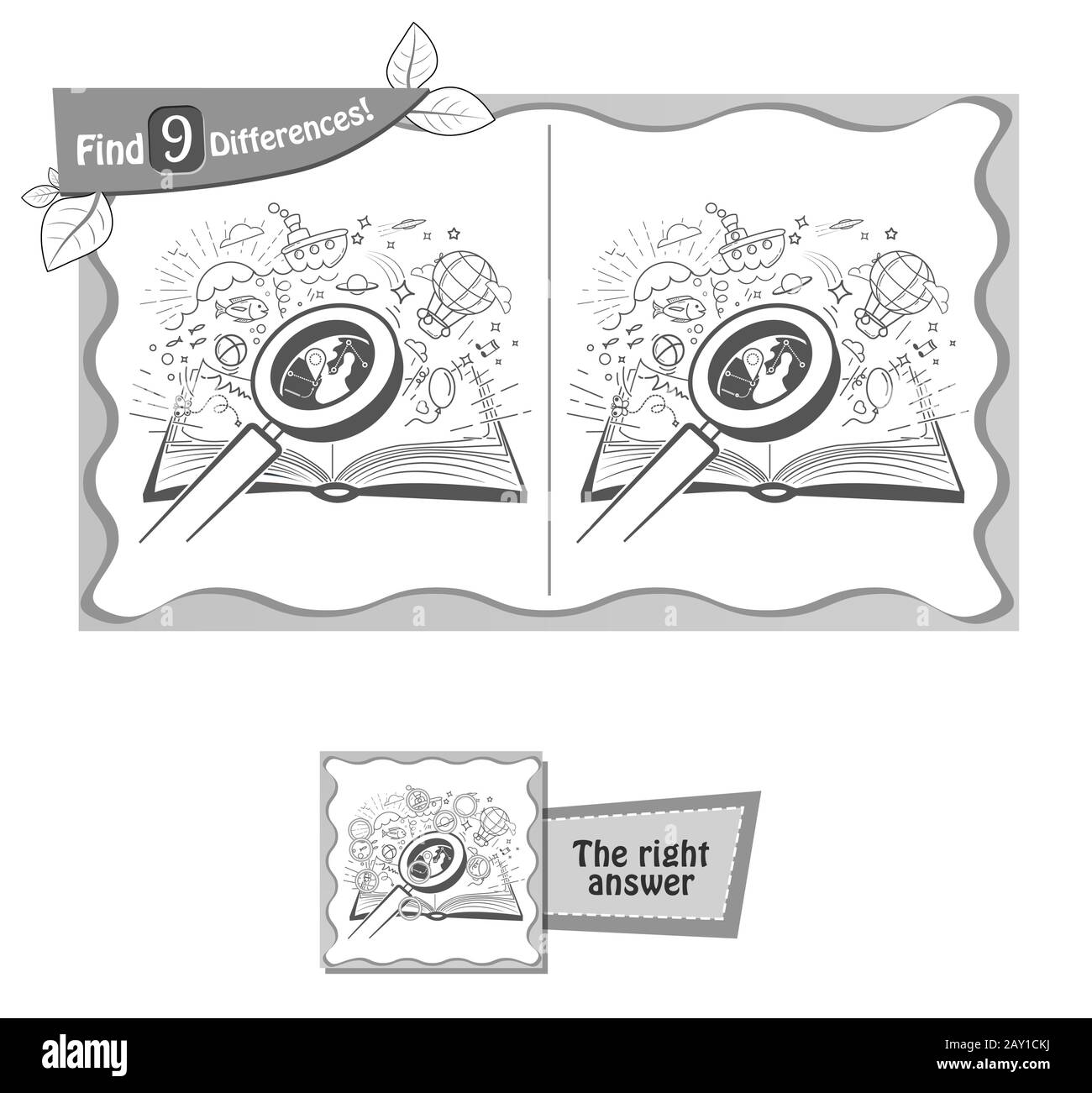Jeu visuel pour les enfants et les adultes. Jeu de casse-tête Trouvez la tâche 9 différences. vector illustration noir et blanc Illustration de Vecteur