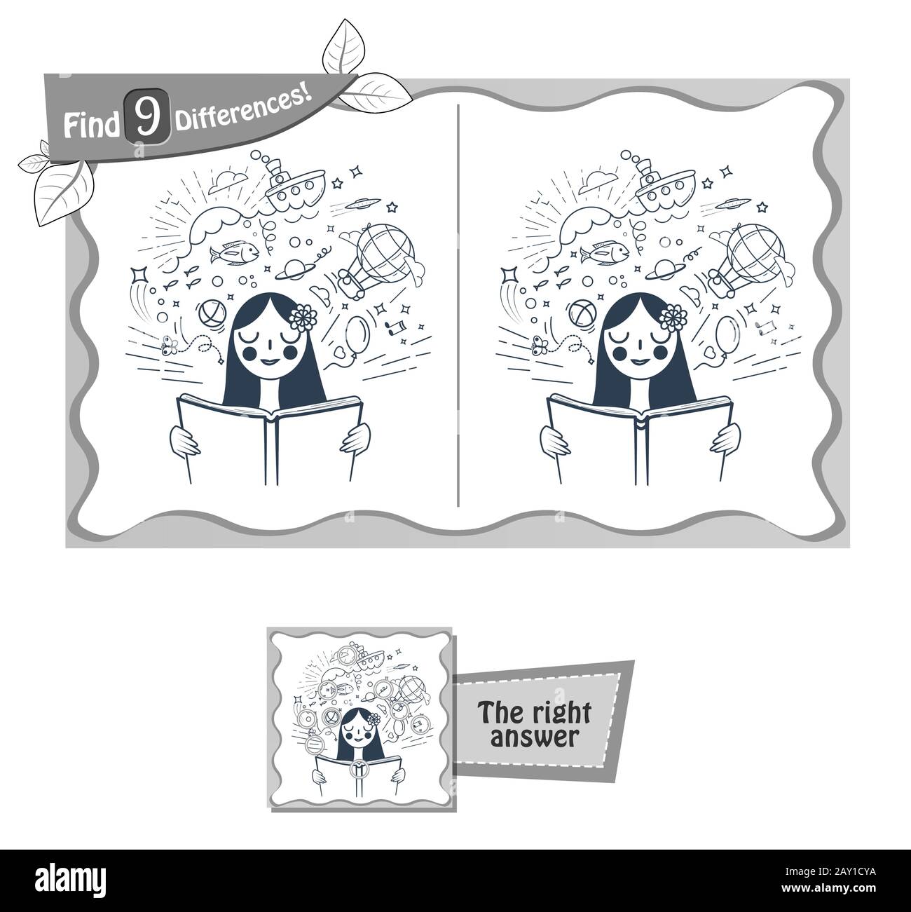 Jeu visuel pour les enfants et les adultes. Jeu de casse-tête Trouvez la tâche 9 différences. vector illustration noir et blanc Illustration de Vecteur