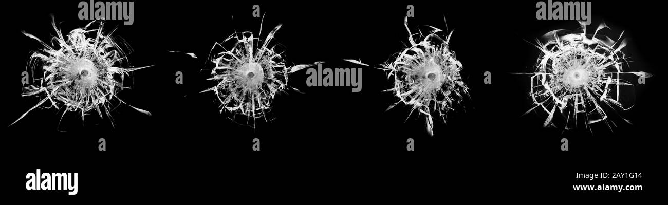 Jeu de verre cassé fissuré et ébréché sur fond noir. Collage abstrait avec texture de fenêtre fissurée. Banque D'Images