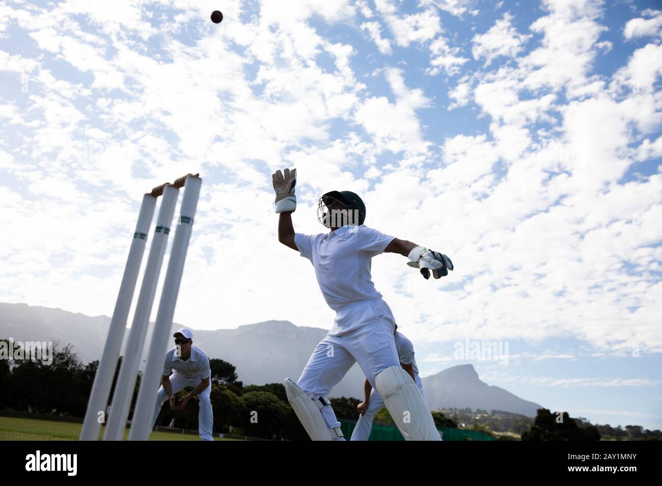 Joueur de cricket qui prend le ballon Banque D'Images