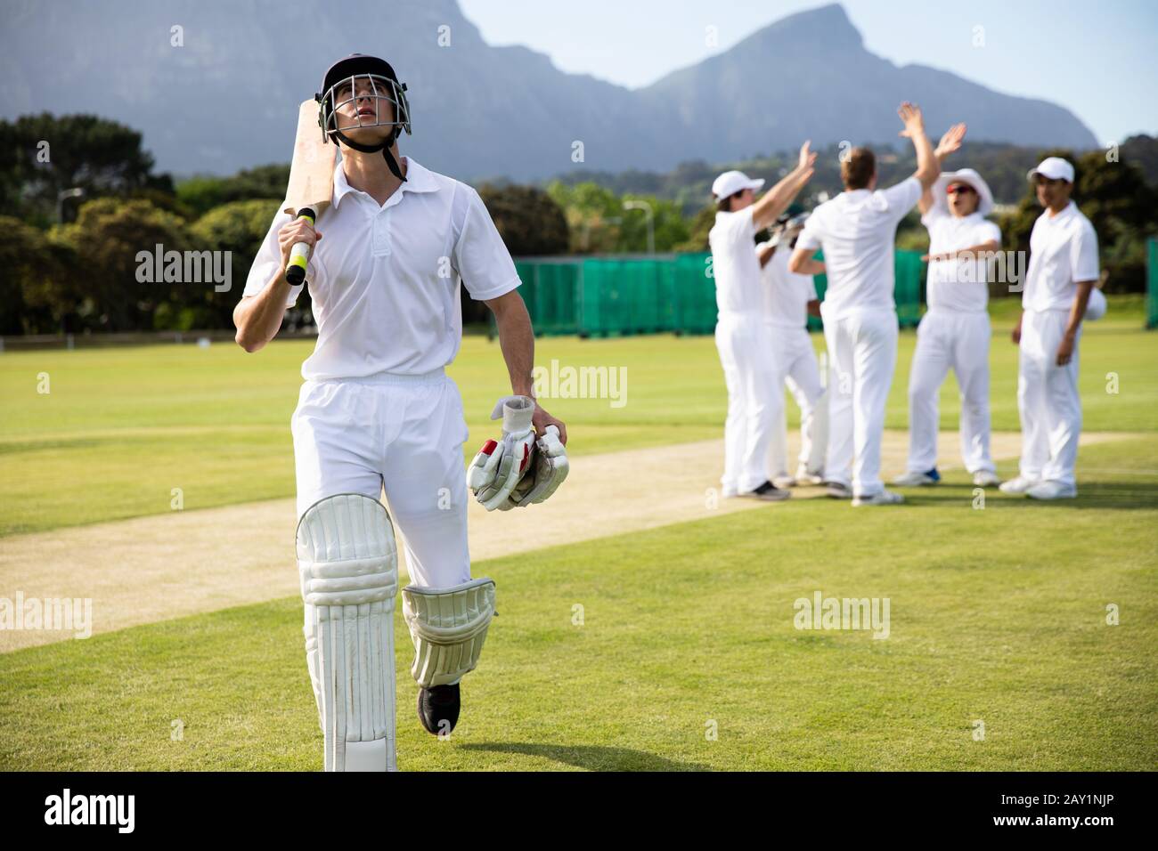 Joueur de cricket marchant avec la batte et le gant Banque D'Images