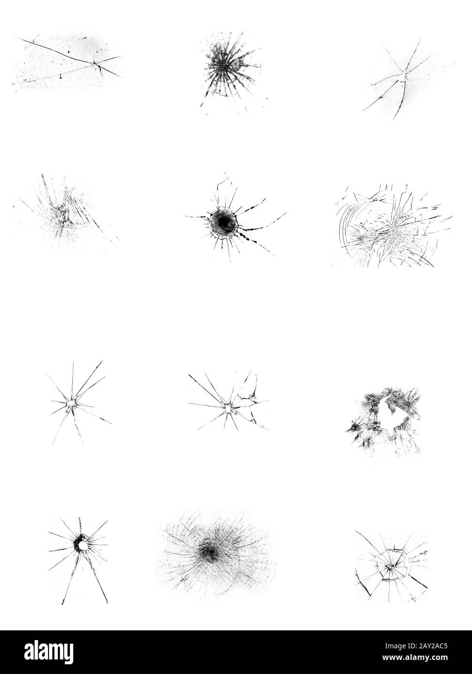 Jeu d'illustrations de verre cassé sur fond blanc. Fissures dues au choc de la vitre. Banque D'Images