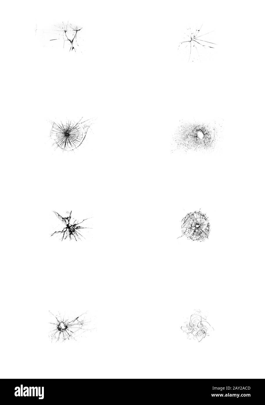 Jeu d'illustrations de verre cassé sur fond blanc. Fissures dues au choc de la vitre. Banque D'Images