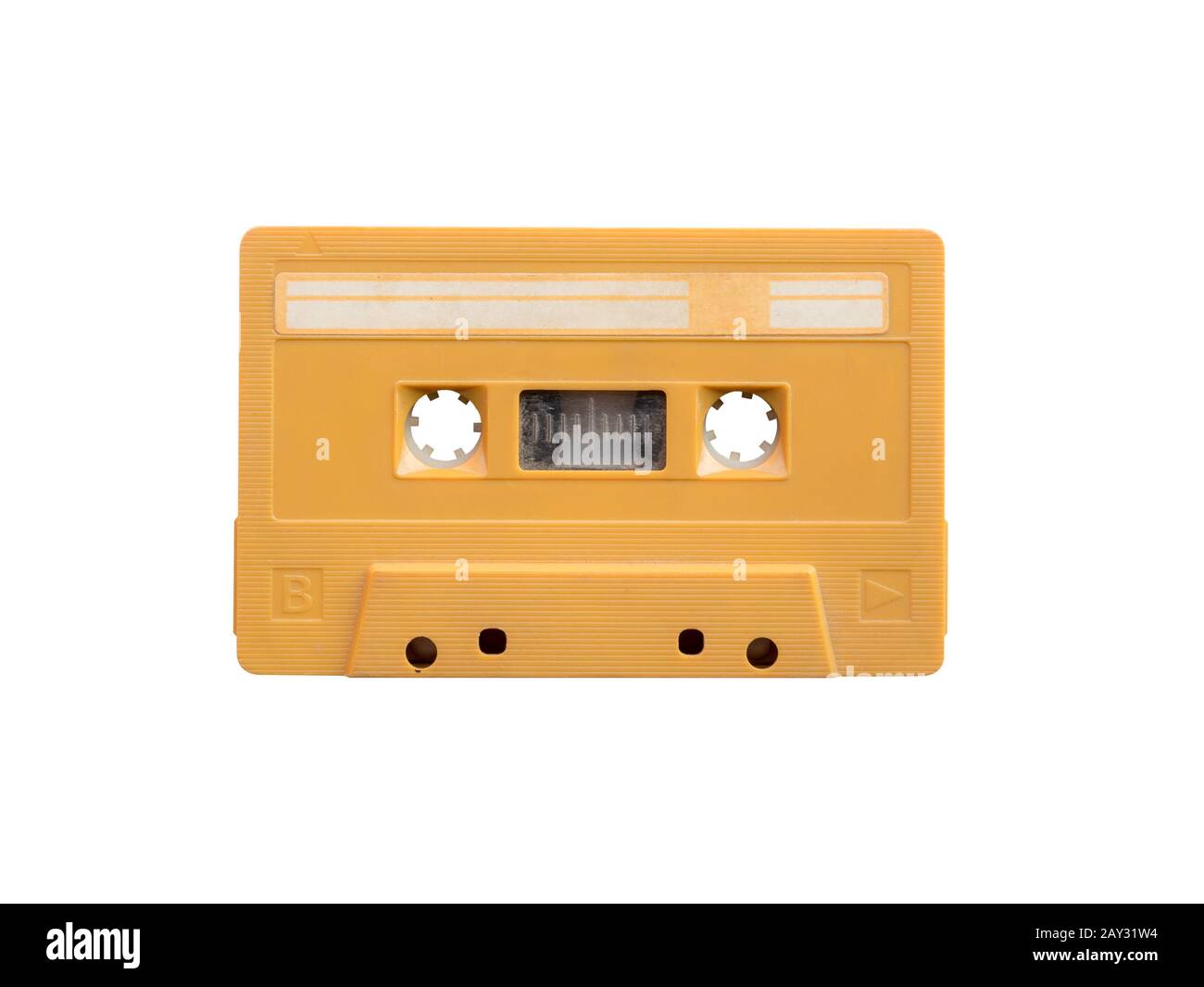 Cassette audio jaune vintage côté B isolée sur fond blanc Banque D'Images