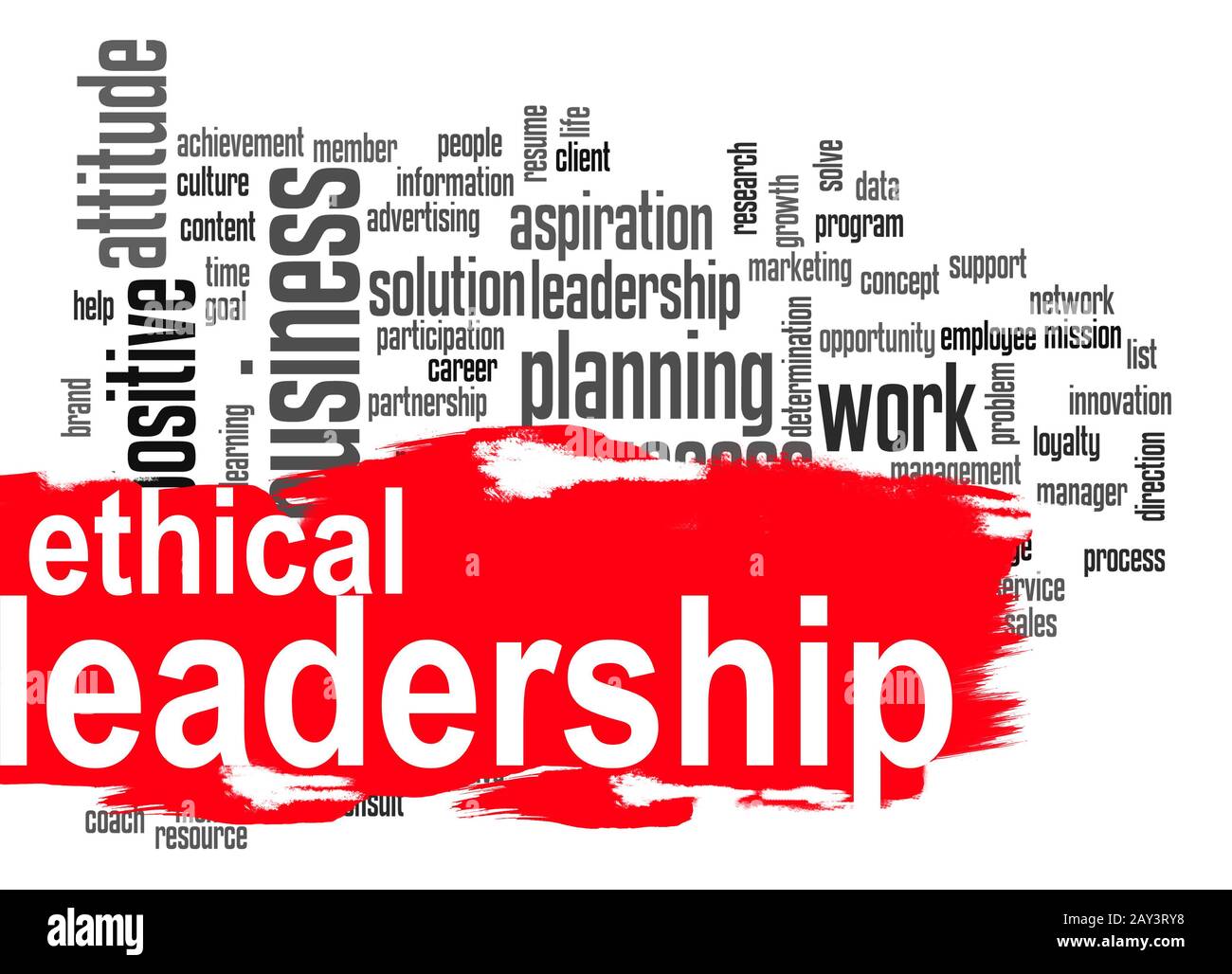 Un cloud de mots de leadership éthique avec bannière rouge Banque D'Images