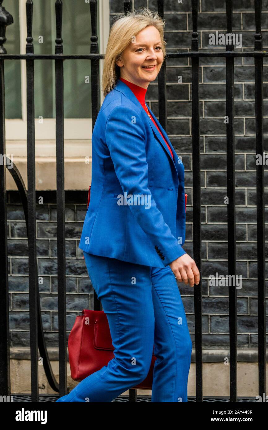 Londres, Royaume-Uni. 14 février 2020. Le député de la RT-Hon Elizabeth Truss demeure secrétaire d'État et présidente du Conseil du commerce, et ministre des femmes et Des Équialités - les ministres arrivent pour la première réunion du Cabinet après le remaniement de Boris Johnson, Downing Street. Crédit: Guy Bell/Alay Live News Banque D'Images