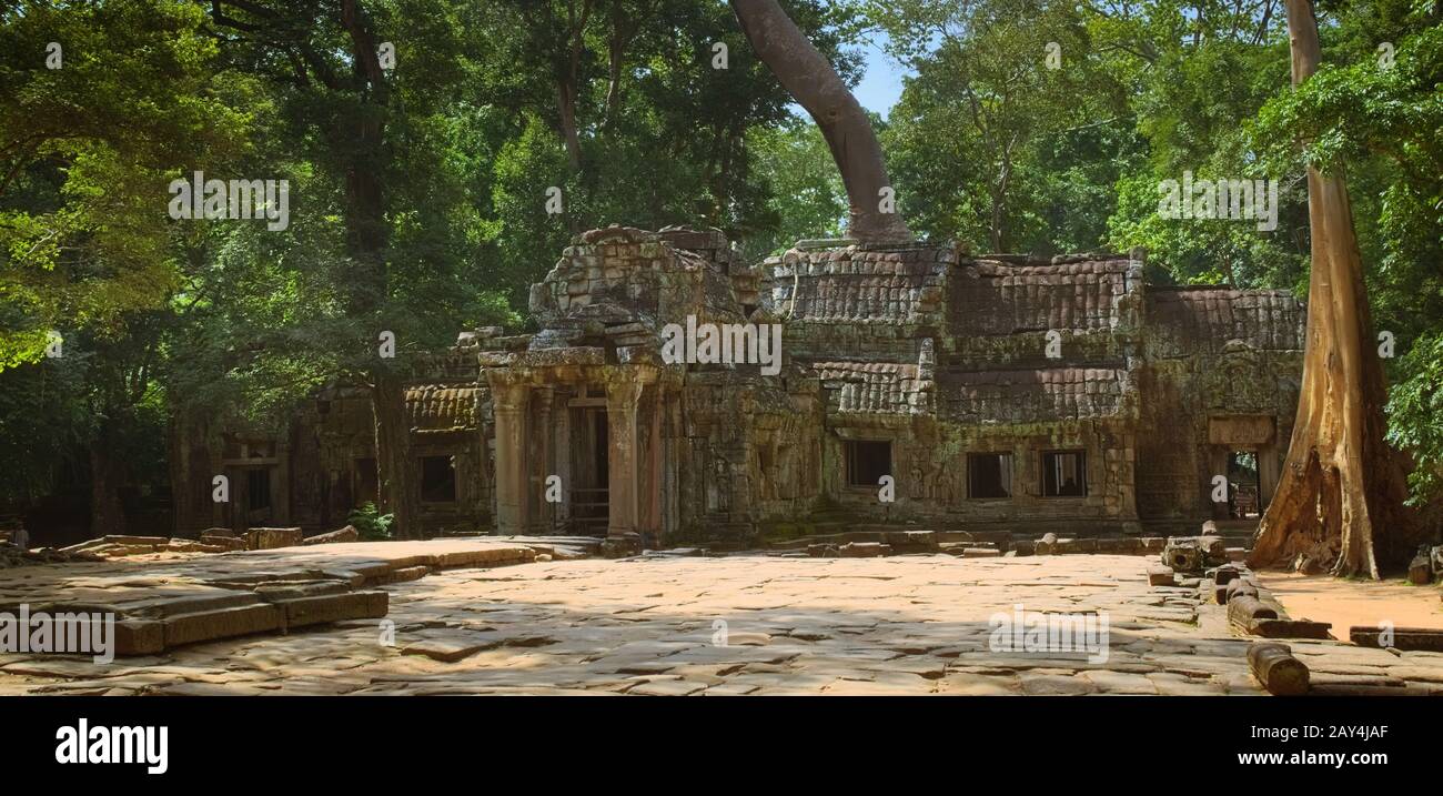 Cour avant des ruines du temple de Ta Prohm, située dans le complexe Angkor Wat près de Siem Reap, au Cambodge. Banque D'Images