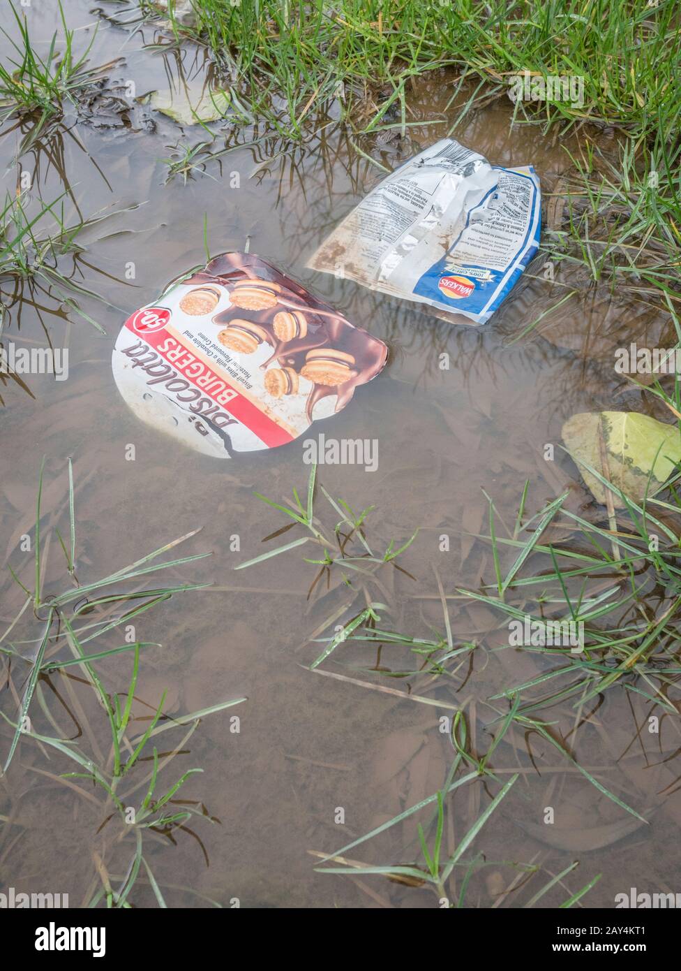 Vider l'emballage alimentaire en plastique flottant dans la flaque d'eau après de fortes pluies d'hiver. La guerre de métaphore sur le plastique souple, la litière en plastique, l'emballage alimentaire problématique. Banque D'Images