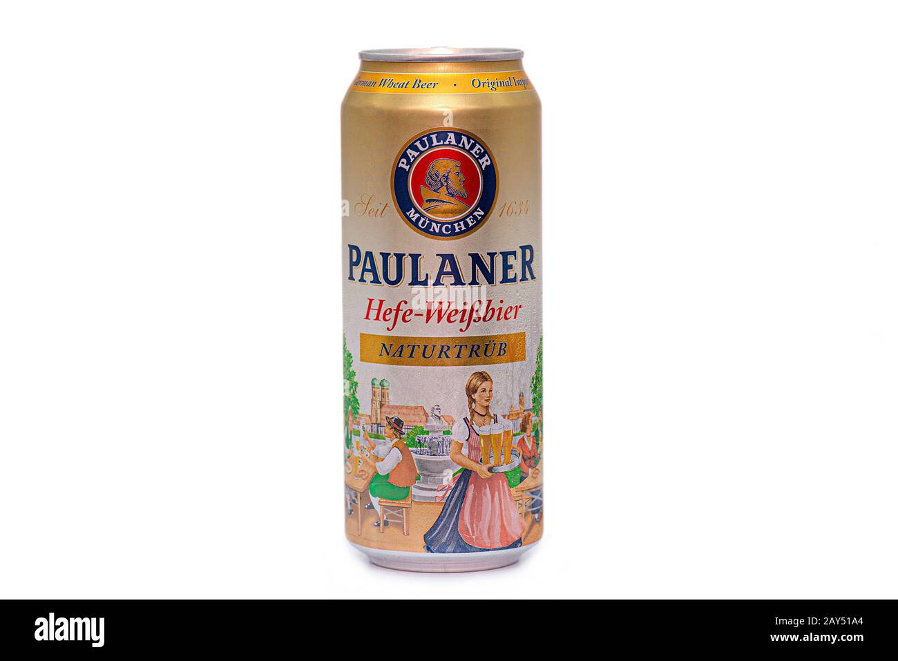 Munich - 14 FÉVRIER: Paulaner Beer aluminium Peut être isolé sur fond blanc à Munich le 14 février. 2020 en Allemagne Banque D'Images