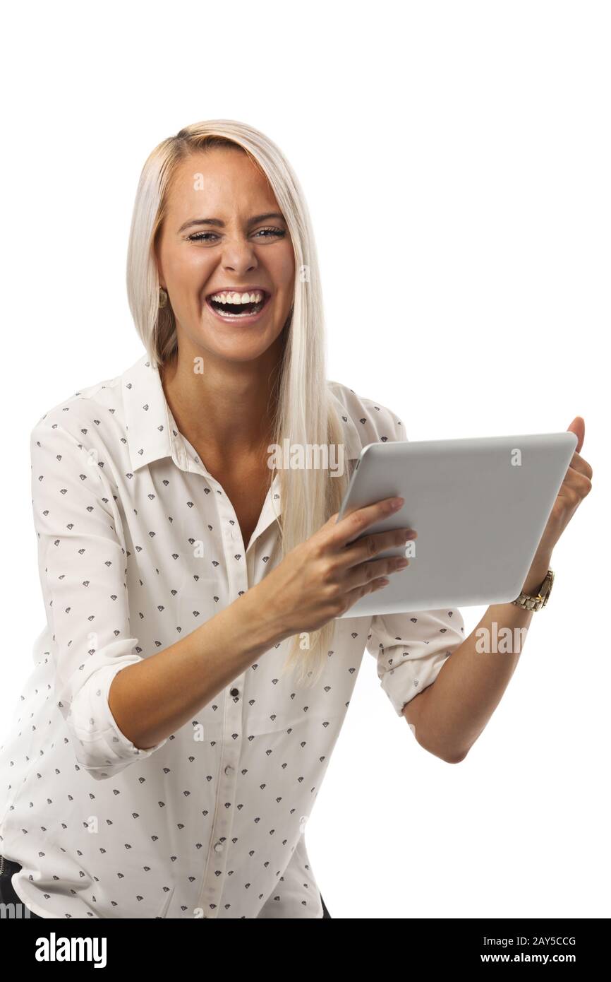 Femme souriante avec une tablette Banque D'Images