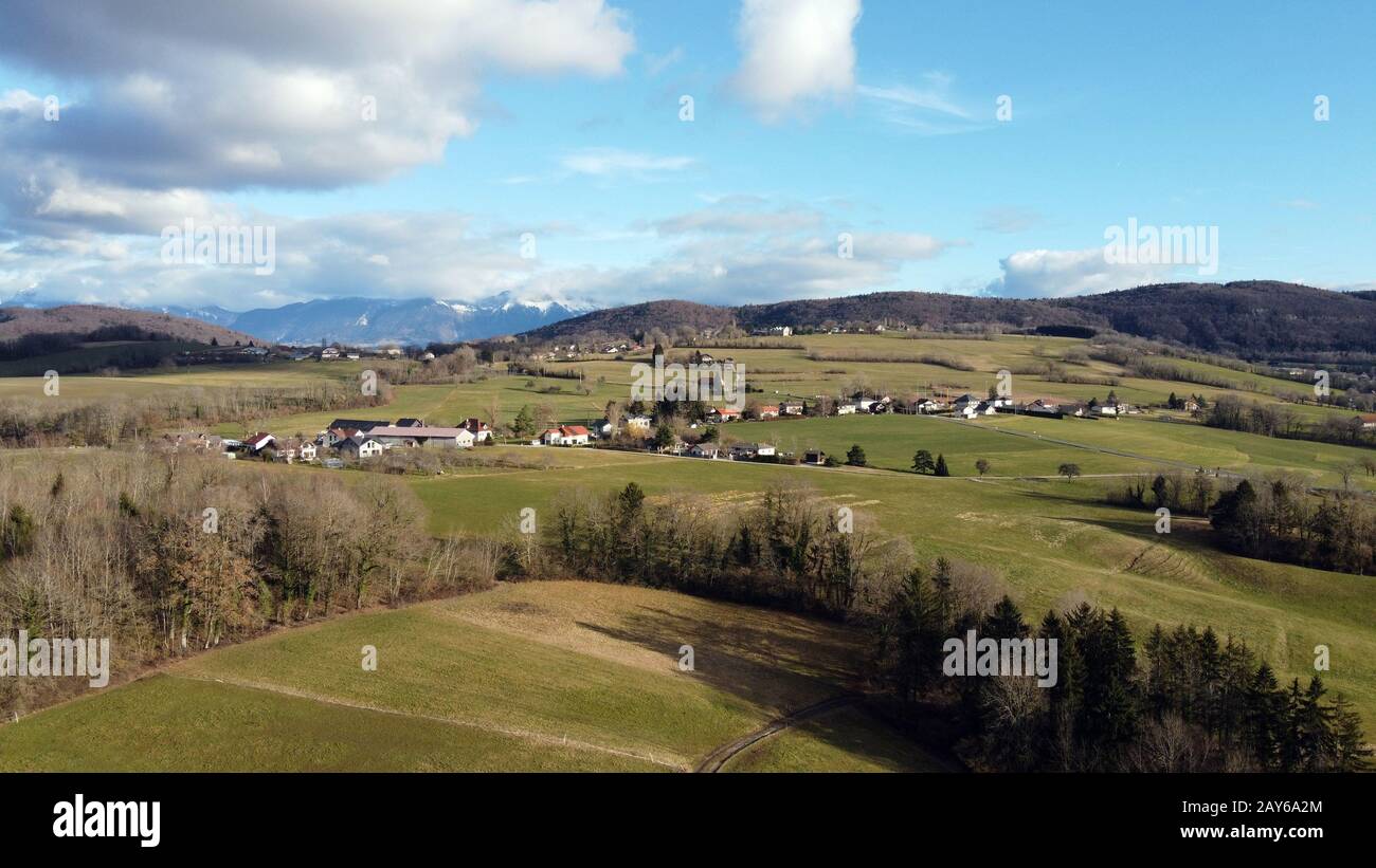 Vue aérienne sur la campagne de Choisy, près d'Annecy, France Banque D'Images