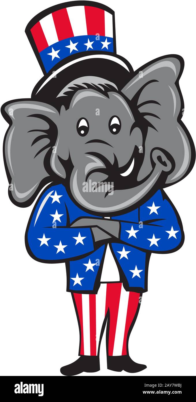 L'éléphant républicain Mascot Cartoon debout les bras croisés Banque D'Images