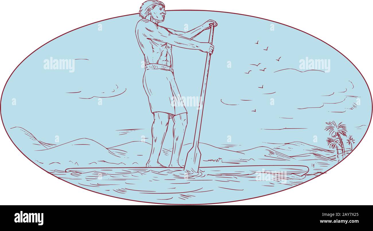 Guy Stand Up Paddle île tropicale dessin ovale Banque D'Images
