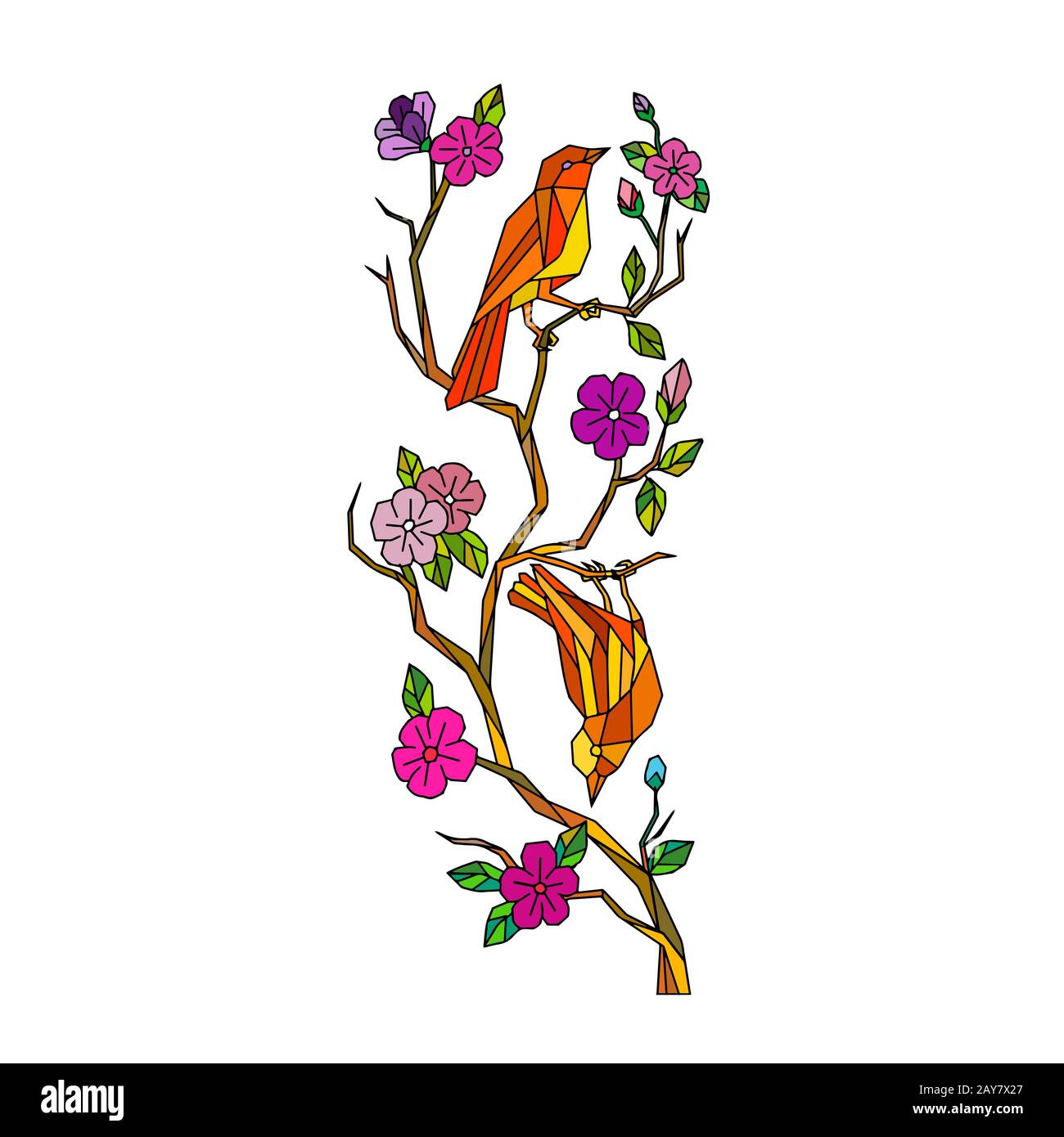 Oiseau sur Cherry Blossom Polygone faible Banque D'Images