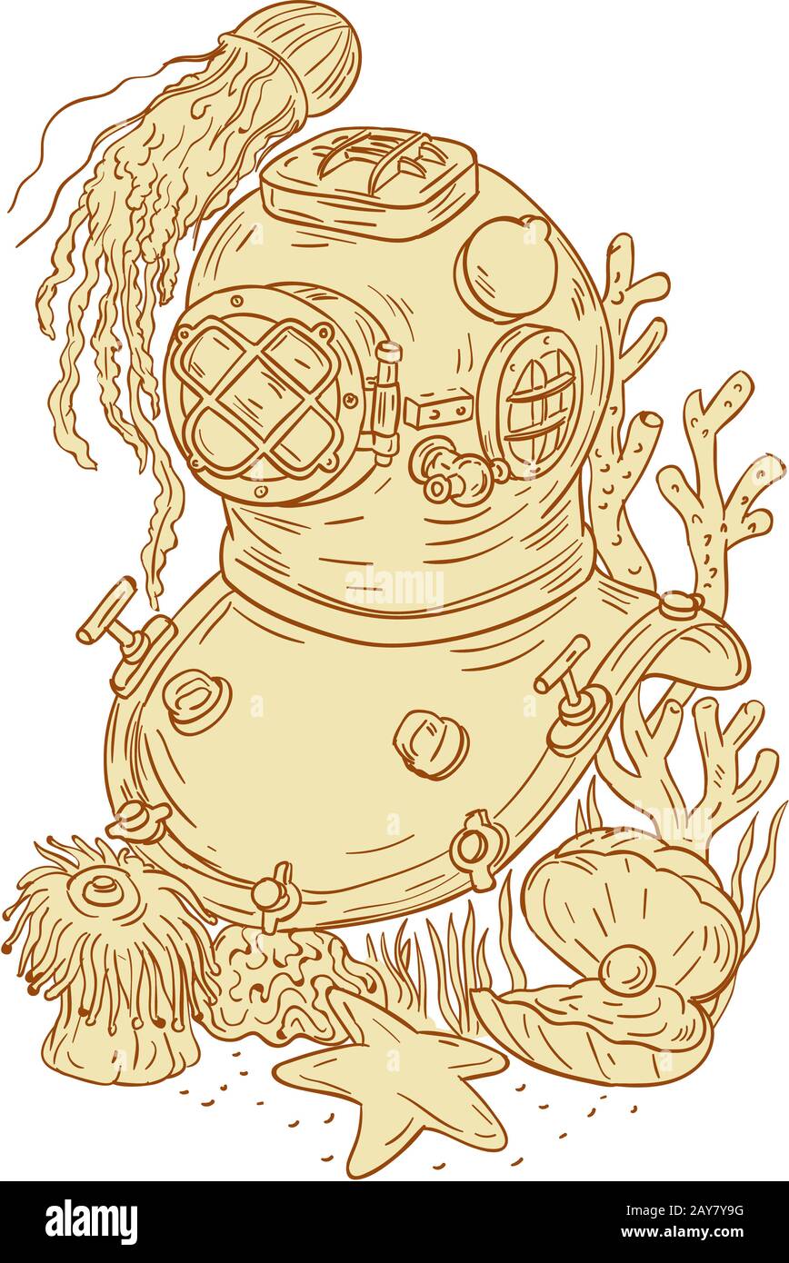 Vieux casque de plongée l'école de dessin sous-marine Banque D'Images