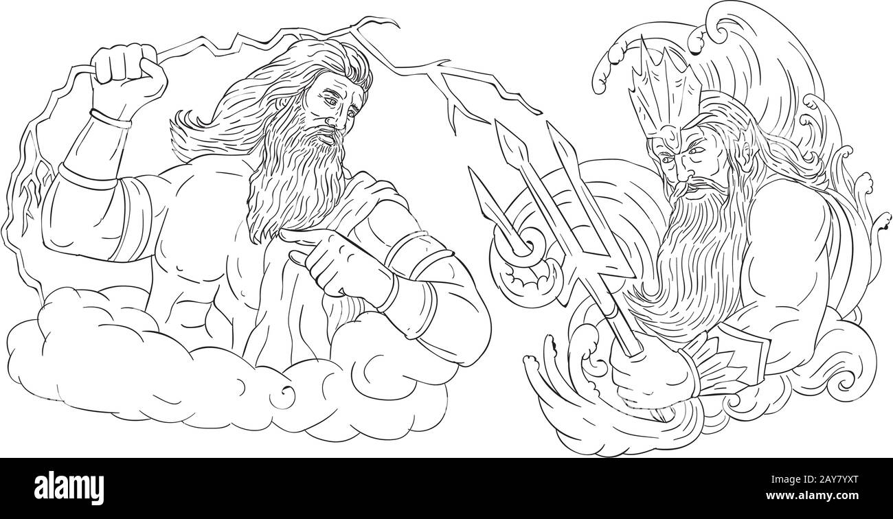 Zeus Vs Poseidon Dessin en noir et blanc Banque D'Images