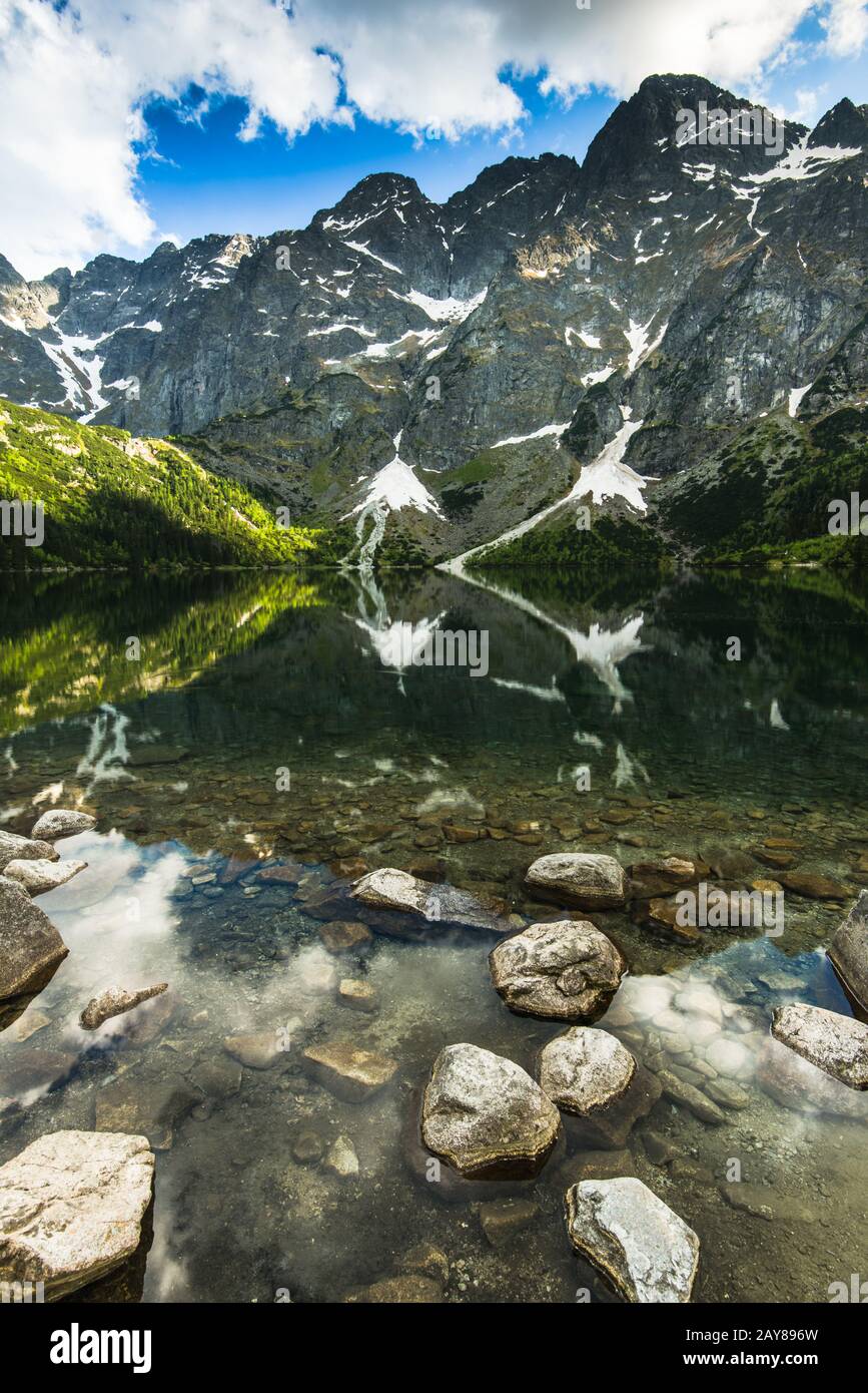 Réflexion parfaite dans le lac Morskie Oko dans la région de tatra en Pologne Banque D'Images