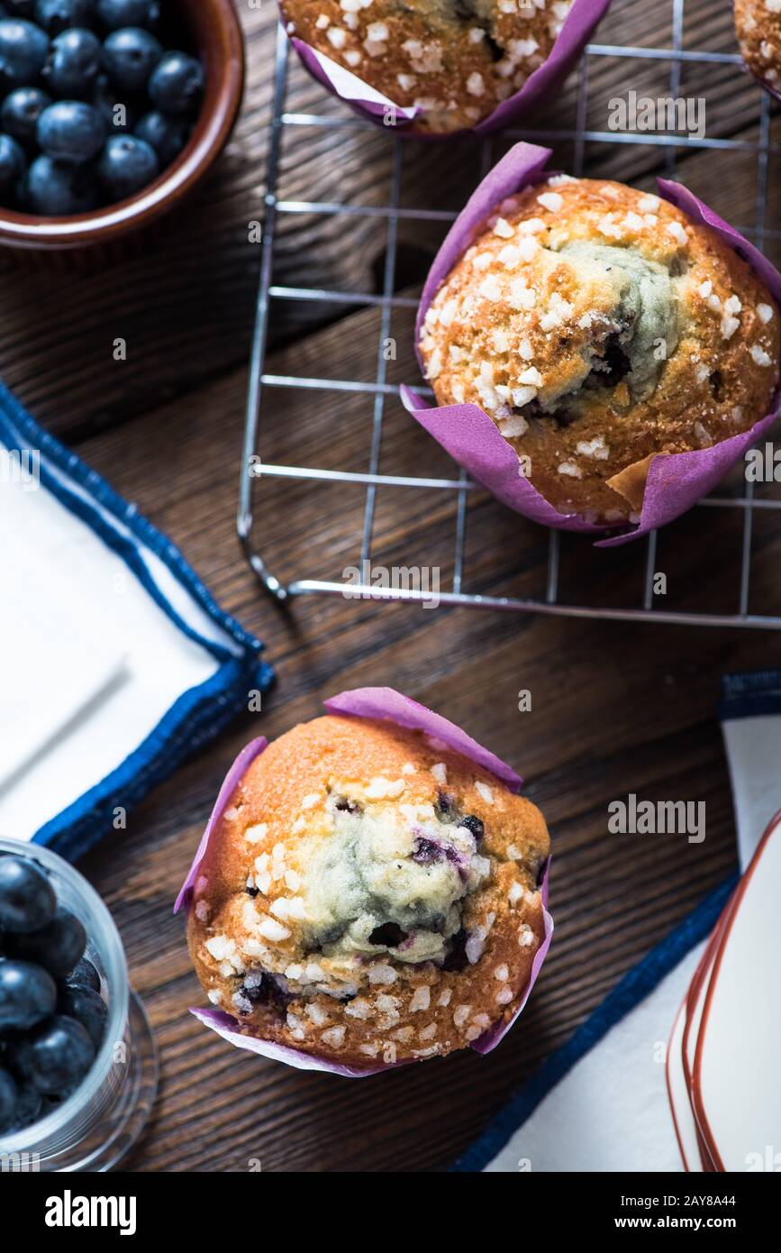 Muffins aux bleuets frais servis sur une table en bois Banque D'Images