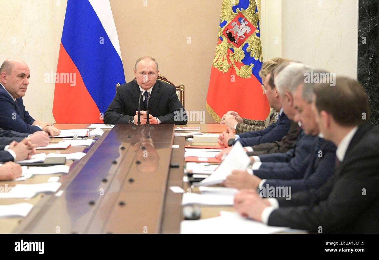 Moscou, Russie. 14 février 2020. Le Président russe Vladimir Poutine préside une réunion des membres permanents du Conseil de sécurité au Kremlin le 14 février 2020 à Moscou, en Russie. Crédit: Alexei Druzhinin/Kremlin Pool/Alay Live News Banque D'Images