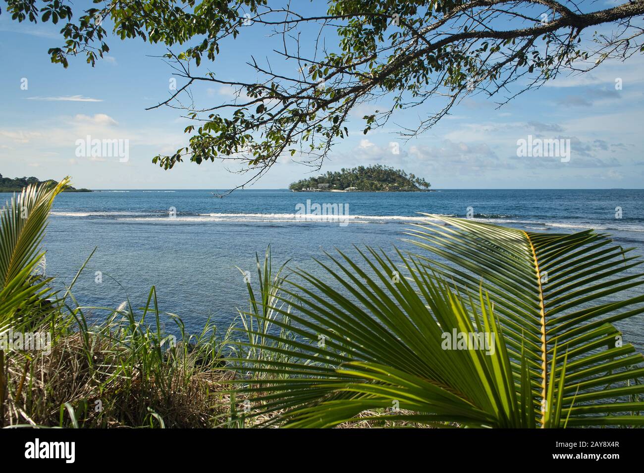 Photographié par des palmiers sur une petite île de la mer des Caraïbes - appels de Wanderlust Banque D'Images