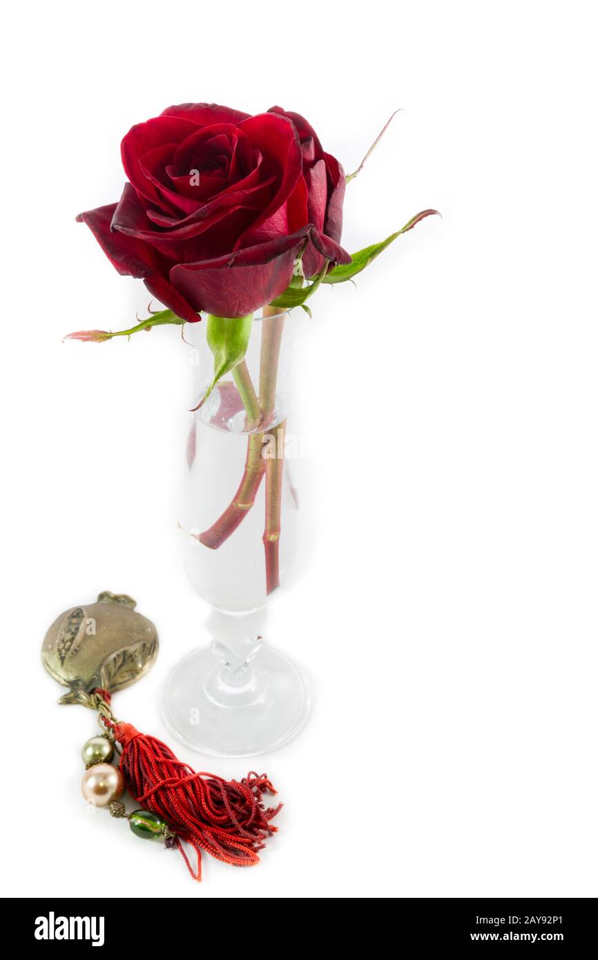 Deux roses vase grenade métallique sur la composition blanche de la Saint Valentin Banque D'Images