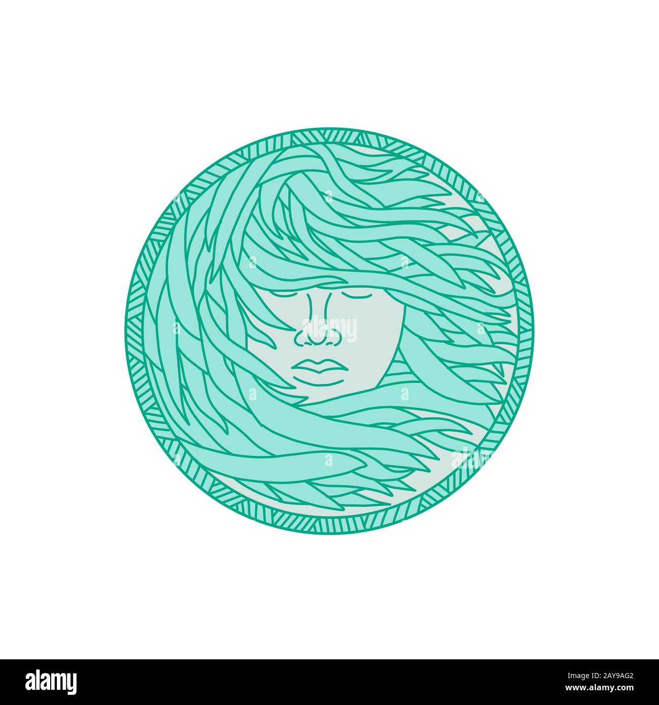 Polynesian Woman Sea Kelp Hair Circle Mono Line Banque D'Images