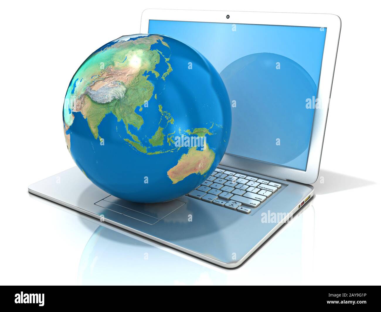 Ordinateur portable avec illustration du globe de la terre, de l'Asie et l'Océanie. 3D Banque D'Images