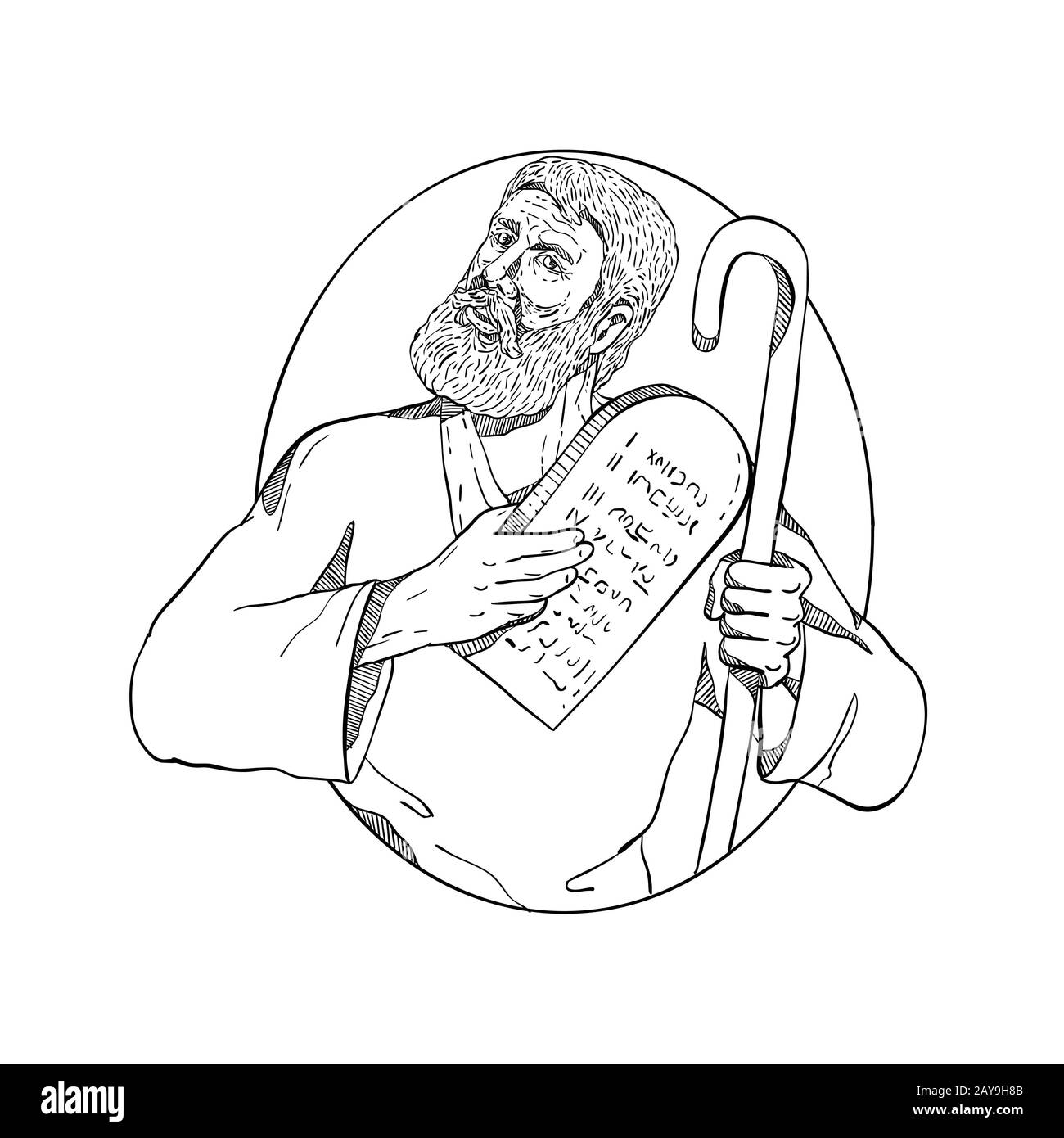 Moïse avec dix Commandements Dessin noir et blanc Banque D'Images