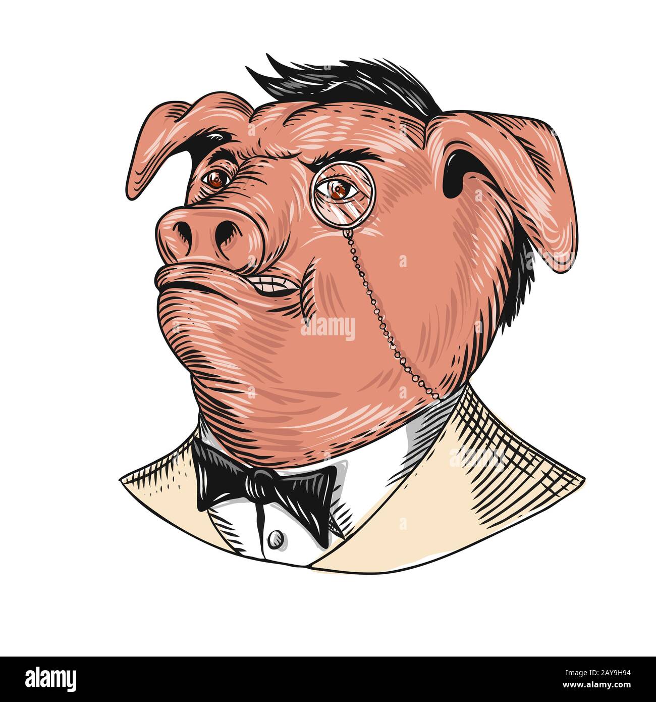 Aristocrate Pig Monocle Tuxedo Dessin Banque D'Images