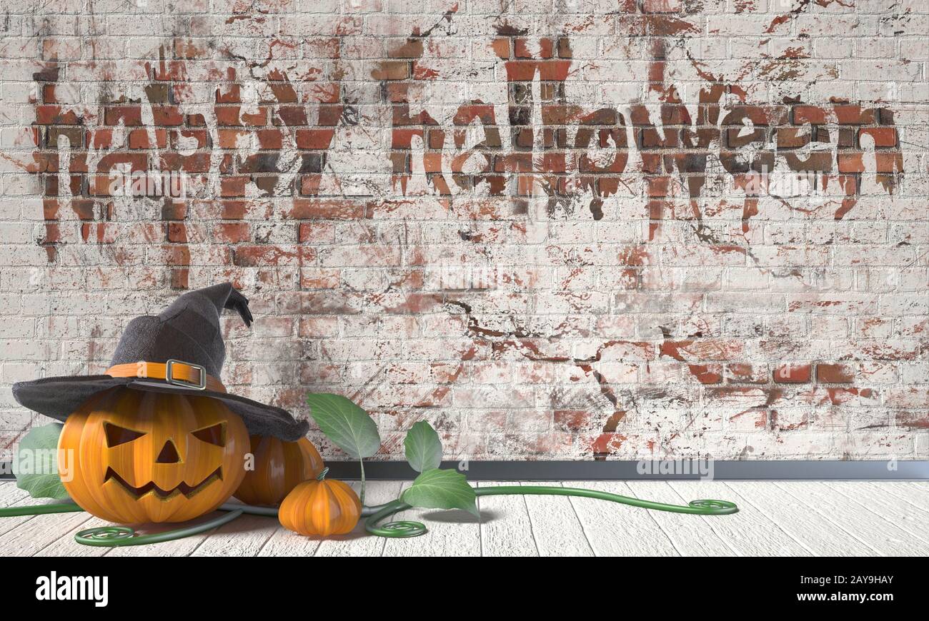 Happy Halloween greeting avec Jack O Lantern citrouille et feuilles vertes sur un plancher en bois. 3D Banque D'Images