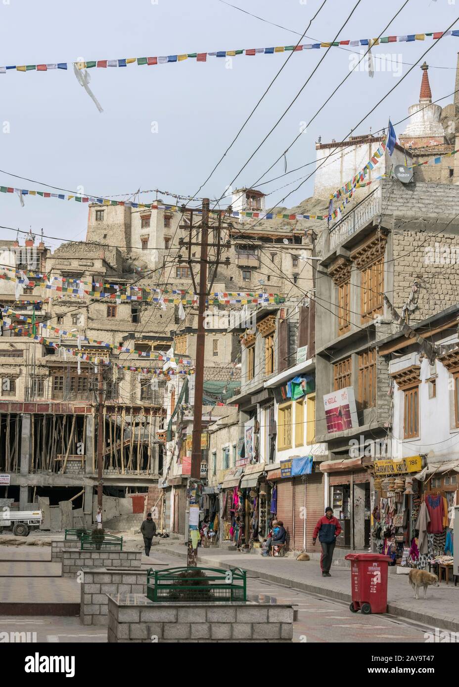 Bazar Road et Leh Palace, vertical, Leh, Ladakh, Inde Banque D'Images