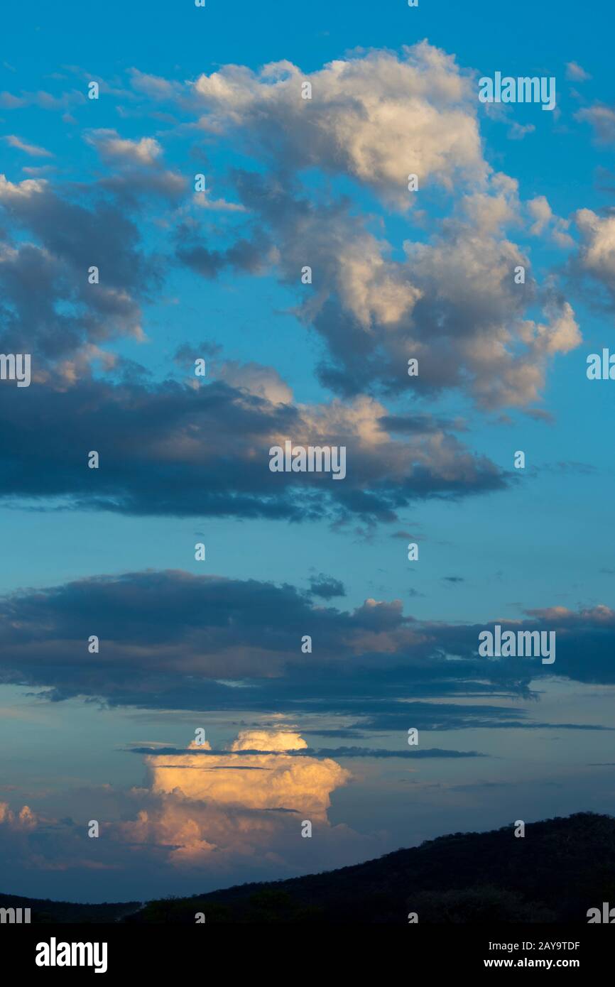 Ciel nocturne avec nuages de cumulonimbus dans la Réserve de gibier d'Ongava, au sud du parc national d'Etosha dans le nord-ouest de la Namibie. Banque D'Images