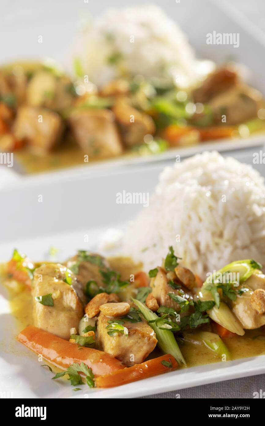 Gros plan sur un curry thaïlandais avec du riz Banque D'Images