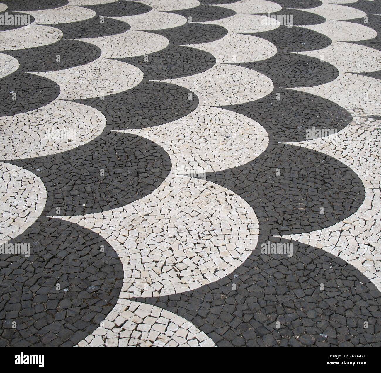 le trottoir pavé pavés en mosaïque à l'échelle traditionnelle du poisson noir et blanc de funchal madeira Banque D'Images