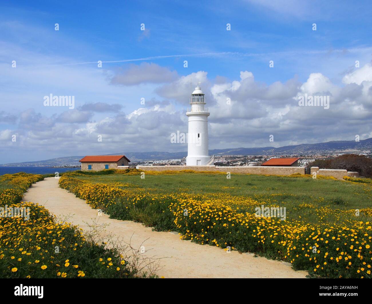 le vieux phare de paphos, chypre, entouré de bâtiments historiques avec des fleurs printanières qui poussent le long d'un sentier menant à la Banque D'Images