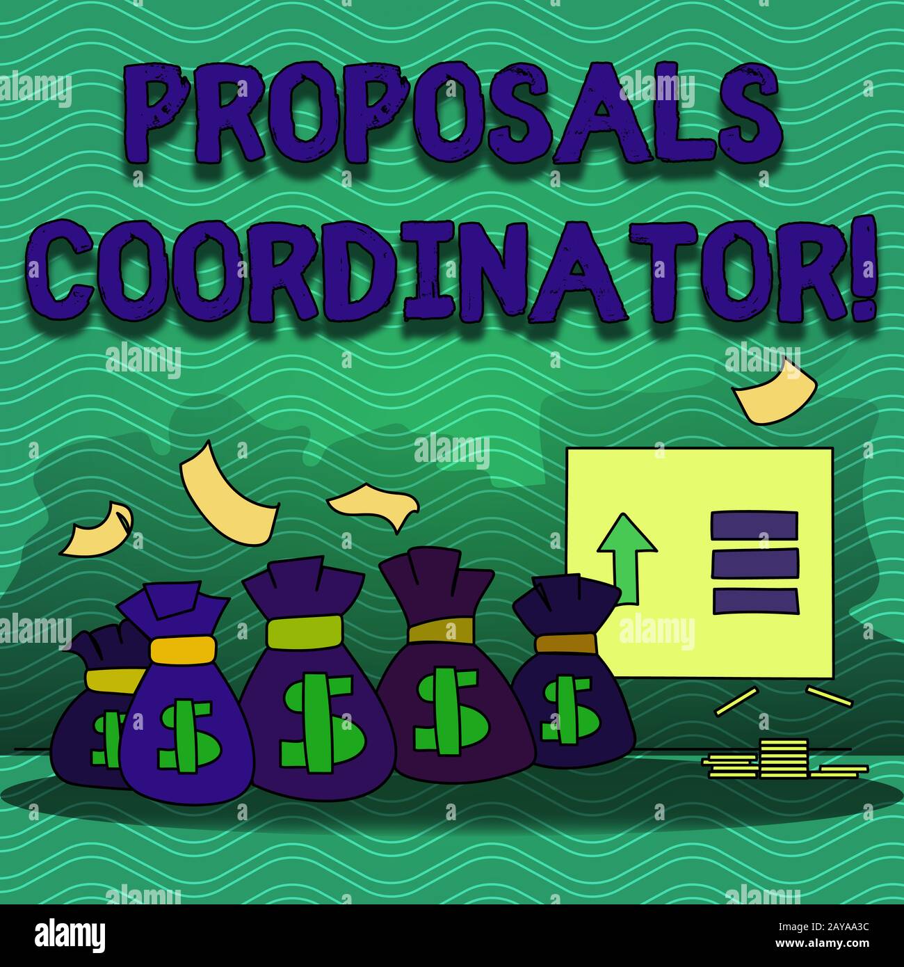 Coordonnateur des propositions de texte de rédaction de texte. Le concept d'affaires pour supervise l'élaboration de propositions de marketing coloré sac d'argent Banque D'Images