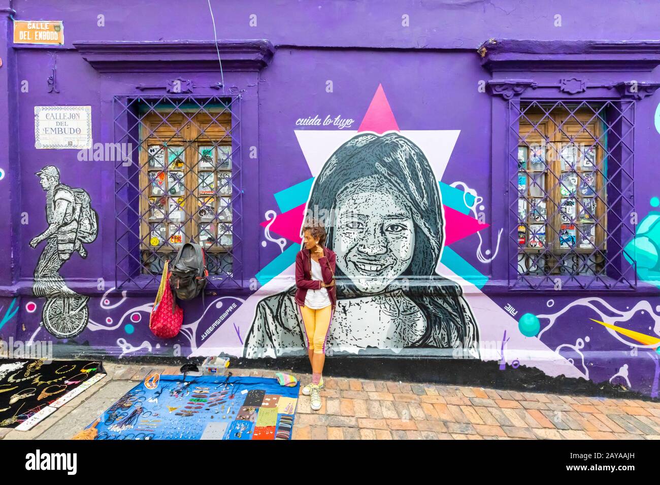 Quartier de Bogota la Candelaria, façade décorée dans la zone du marché de la rue Banque D'Images