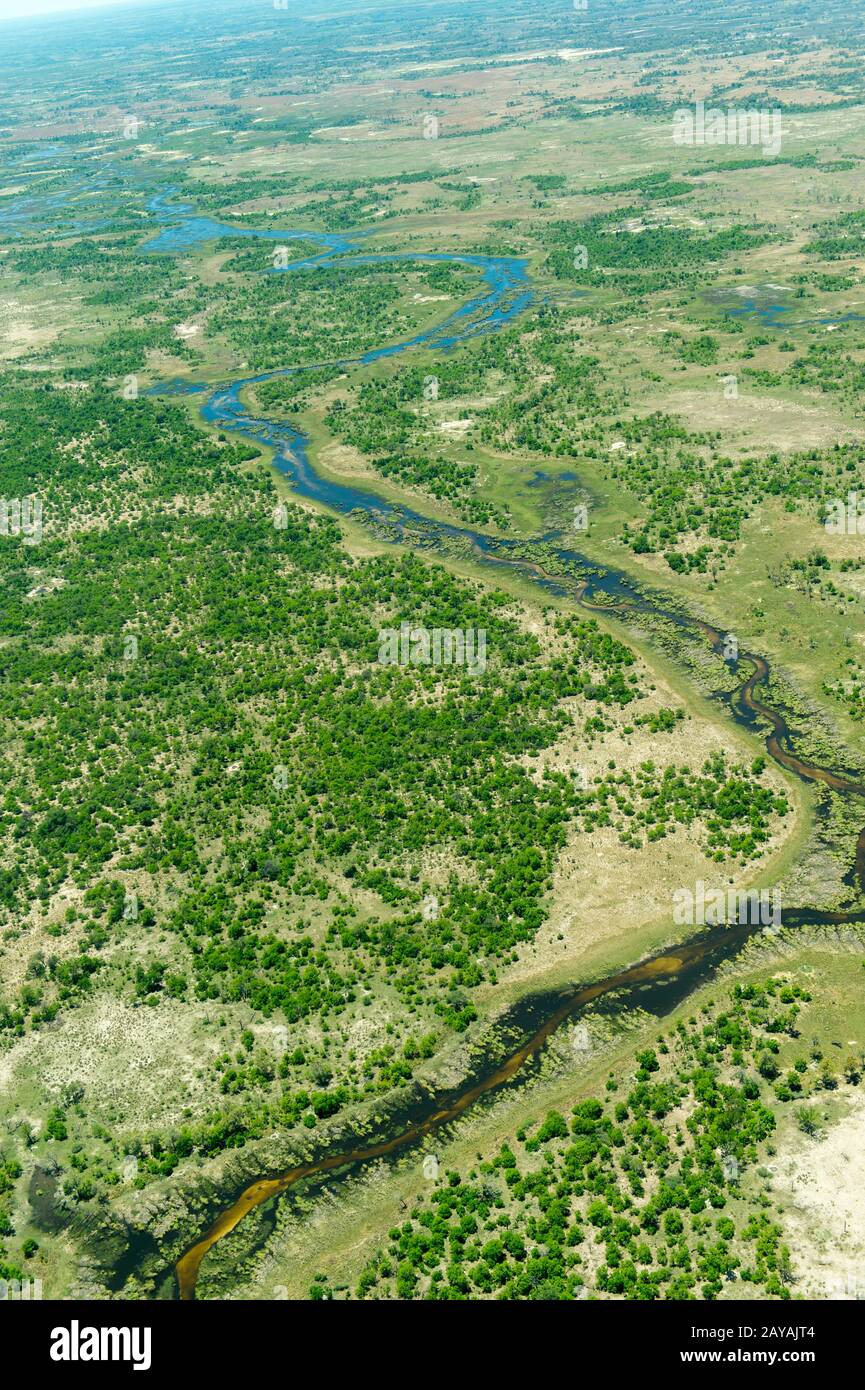 Photo aérienne du vol au-dessus du delta de l'Okavango, qui connaît un projet, aux plaines de Gomoti, au Botswana. Banque D'Images