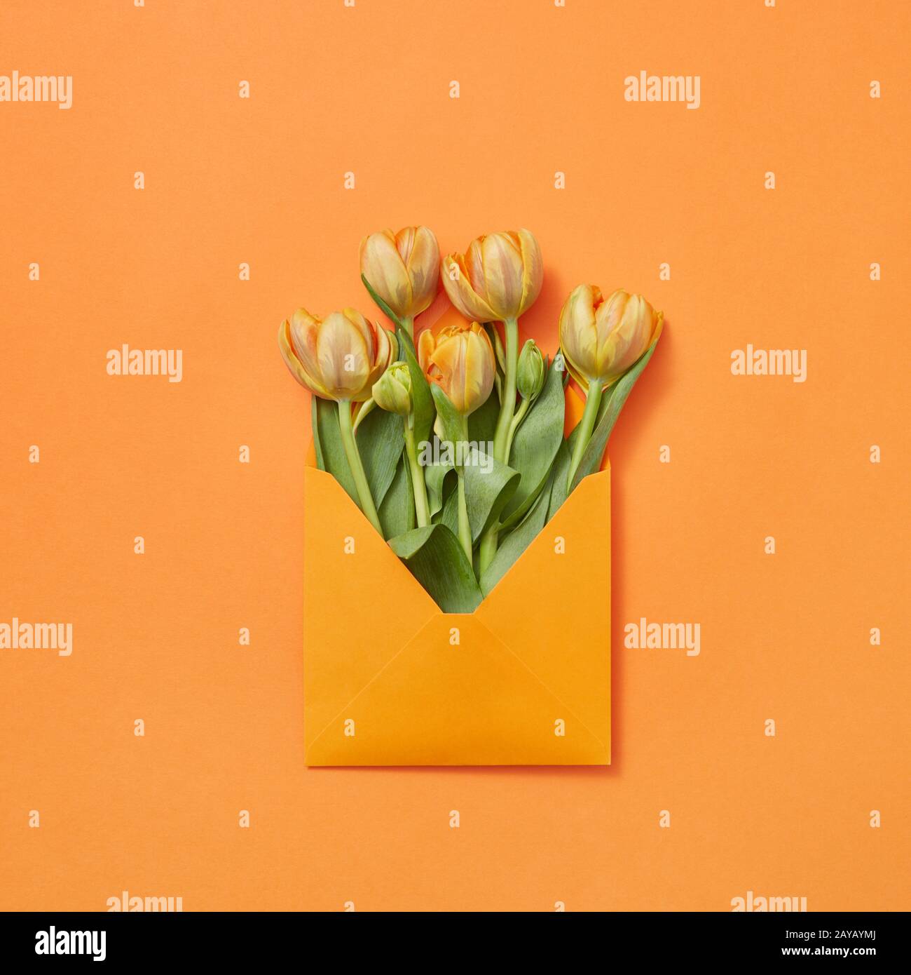 Carte postale avec bouquet de tulipes dans l'enveloppe de l'artisanat sur un fond orange. Banque D'Images