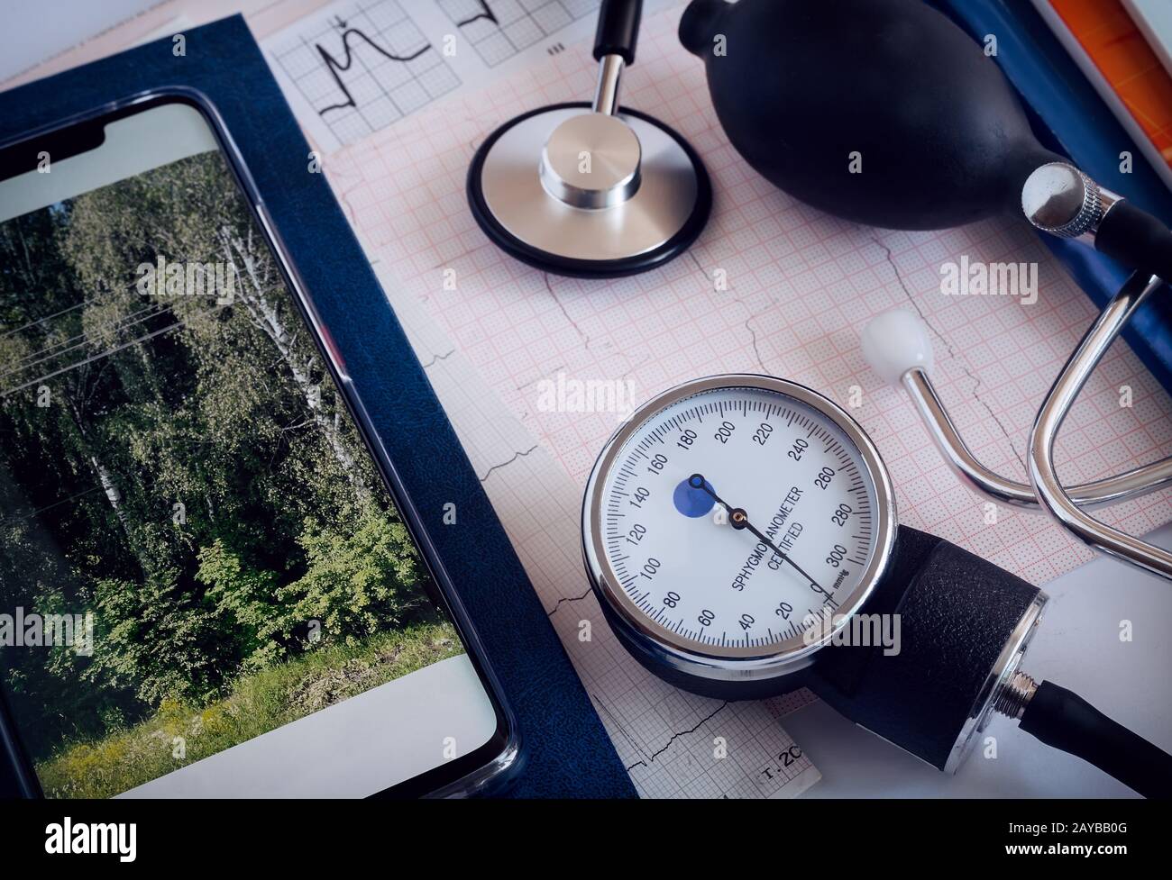Dispositifs médicaux: Stéthoscope pour l'auscultation de patients et appareils pour la mesure de la pression artérielle. Banque D'Images